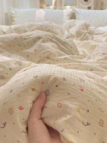 1pc Floral & Cream Geometric Lines Duvet Cover, 100% Polyester Soft Fabric, Boho Style Sweet Flower Bedding, No Pillowcase, Machine Washable, Suitable For All Seasons
