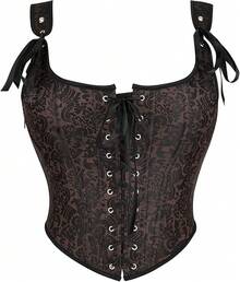 Womens Vintage 1920s Renaissance Lace Trim Corset Bustier, Retro Fashion - Dark Brown - 查看 1