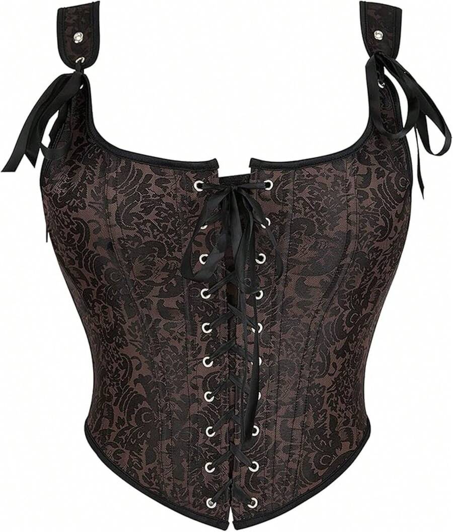 Womens Vintage 1920s Renaissance Lace Trim Corset Bustier, Retro Fashion - Dark Brown - 查看 1