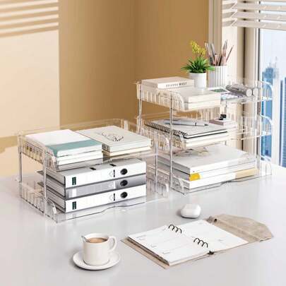 Organizador de archivos y bandeja para ordenar papeles apilable de 2/3/4 niveles de acrílico transparente - Estantería de almacenamiento de documentos A4 para escritorio, organización del hogar, oficina, escuela y salón de clases, solución ahorradora de espacio para volver a la escuela
