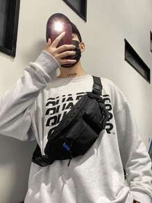 Bolsa de cintura de estilo Harajuku japonés, negra, de gran capacidad y versátil, bolso bandolera/cruzado unisex simple para estudiantes, bolsa deportiva impermeable de nylon, estilo universitario