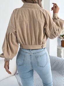 Casual Personalized Street Lantern Sleeve Corduroy Long Sleeve Short Jacket, Spring/Autumn - Khaki - View 2
