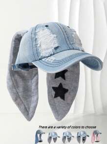 1 pièce Casquette de baseball, chapeau de mode pour femme avec décoration d'oreilles de lapin, casquette vintage délavée et déchirée, décoration d'imprimé étoile, chapeau d'été de protection solaire pour l'extérieur, unisexe pour Halloween