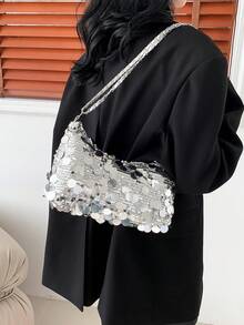 1件装绗缝拉链亮片手提包，夏季新款闪亮腋下包，大容量派对晚宴包，时尚链条单肩包，适合女性外出、度假、派对、宴会等场合 - 銀色 - 查看 5