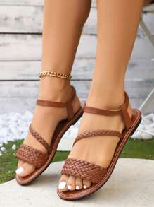 Plus Size Women's Flat Open Toe Sandals, Casual Woven Strap Lightweight Beach Sandals, Summer
