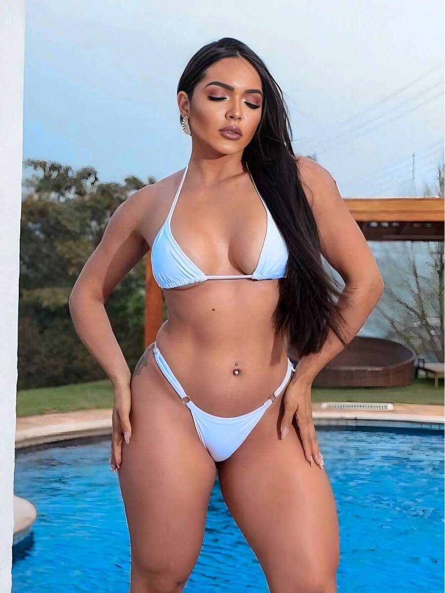 Sexy Tanning Bikini With Adjustable Thin Strap And Thong - 白色的 - 查看 1