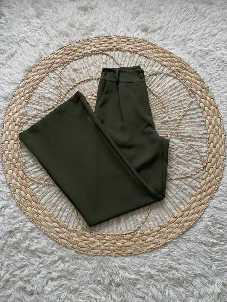 Conjunto Social Calça Pantalona Cintura alta bolsos Alfaiataria Colete Botões  Simples    elegante  Casual    Bolso  Zíper - Verde Escuro - Visão 5