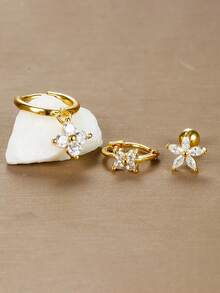 3 件套不锈钢锆石花朵耳环套装，女士适用，18K 镀金防过敏耳屏耳轮圈耳钉软骨穿孔饰品，适合日常佩戴 - Gold-2# - 查看 3