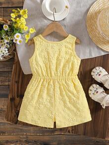 Baby Girls' Cute Solid Color Round Neck Sleeveless Bow Decor Button Design Half-Placket Romper, Suitable For Home, Daily Wear And Outings, Spring/Summer - Yellow - View 3