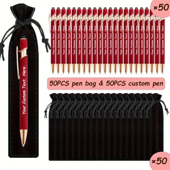 (Back To School) 100pcs/Set Customized Luxury Soft Touch Round Ballpoint Pen With Black Pencil Case - Personalized Writing Tool, Suitable For Name And Company Website, Ideal Gift For Women, Men, Anniversary, Teachers Day, Birthday, Graduation