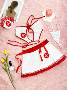 4件套女士性感白色万圣节护士角色扮演诱惑夜店COS万圣节内衣套装，适合居家或派对，性感内衣 - 白色 - 查看 6