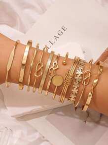 11/5pcs Fashionable Bohemian Style Women Multilayer Bracelet Set, Geometric Heart Textured Open Cuff Bangle, Charming Jewelry Set, Suitable For Daily, Gathering With Friends And Party Wear, Exquisite Holiday Gift