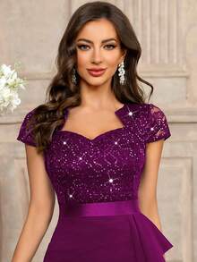 MIUSOL Sequin Lace Sweetheart Neck Ruffle Hem Cocktail Party Bodycon Dress - Maroon - View 9