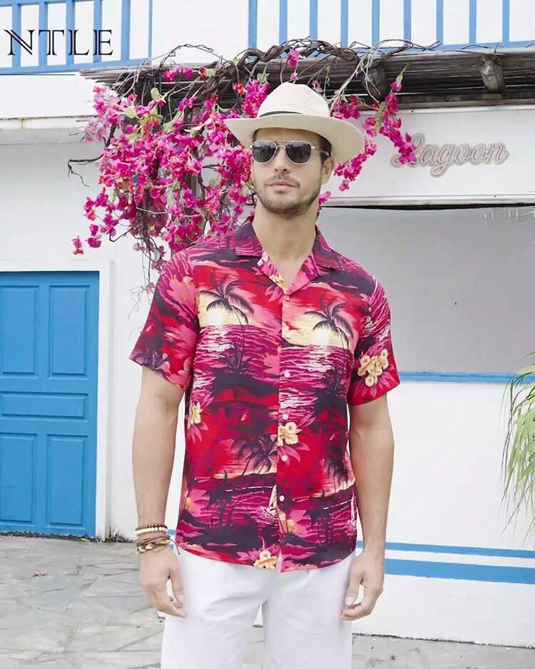 Hawaiian Shirt For Men Summer Beach Casual Short Sleeve Button Down Shirts Printed Tropical Vacation Shirtshalloween - 天藍海灘 - 查看 8