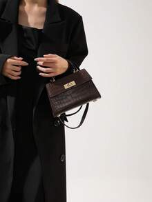 Fashionable Mini Metallic Alligator Pattern Crossbody & Handbag With Flip Lock Twist Closure - Coffee Brown - View 3