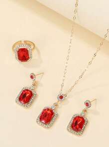 Set de 4 piezas de aretes de botón cuadrados elegantes con cristales de circonita cúbica, collar, aretes, anillo (sin caja de regalo)
