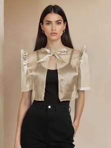 Amyenjoylife 女士现代优雅菲律宾风服装，春夏菲律宾风格泡泡袖圆领系带衬衫 - 香檳色 - 查看 4