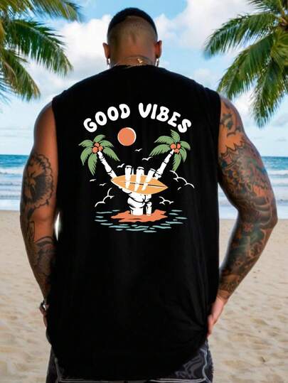 Plus Size Men's Coconut Tree Graphic Casual Tank Top, Versatile For Vacation, Outdoor, Streetwear, And Daily Commute