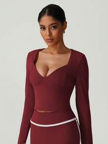 Women's Slim Fit Deep V Neck Thumb Buckle Outdoor Casual Sports Long Sleeve T-Shirt For All Season - Red Violet - View 4