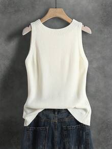 女士针织背心，休闲法式复古文艺风纯色吊带衫，百搭日常叠穿短款无袖针织上衣，春夏白色 - 白色 - 查看 2