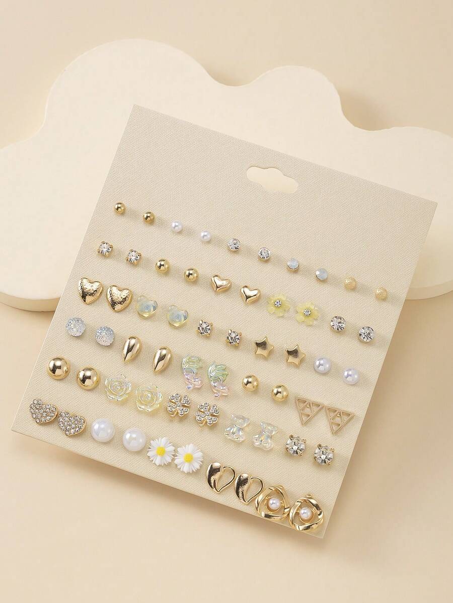30 件/套时尚耳环，包括心形、星星、水滴、熊、三叶草、雏菊、水钻、仿珍珠设计，简约可爱，多风格女士日常休闲珠宝礼品套装