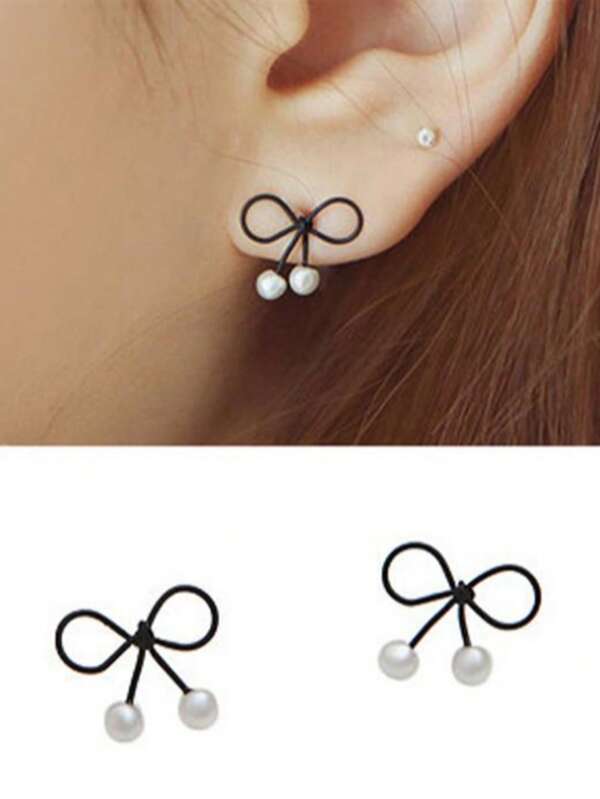 1 Pair Black Bow Stud Earrings, Unique Design Women's Earrings, Delicate, Versatile For Summer, Everyday, Party, Gift