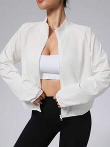 Women's Stand Collar Sports Jacket With Pockets, Everyday Casual Zipped Windbreaker For Running, Workout, Yoga - White - View 1