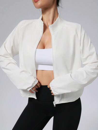 Chaqueta deportiva para mujer con cuello alto y bolsillos, cortavientos casual con cierre de cremallera para correr, hacer ejercicio, yoga