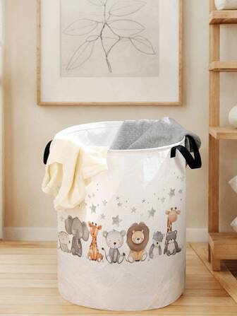 1pc Foldable Round Storage Basket With Handles, Cute Animal Pattern, Large Capacity Multi-Purpose Storage Bin For Nursery, Baby Diaper, Clothes, Toys And Accessories Organization