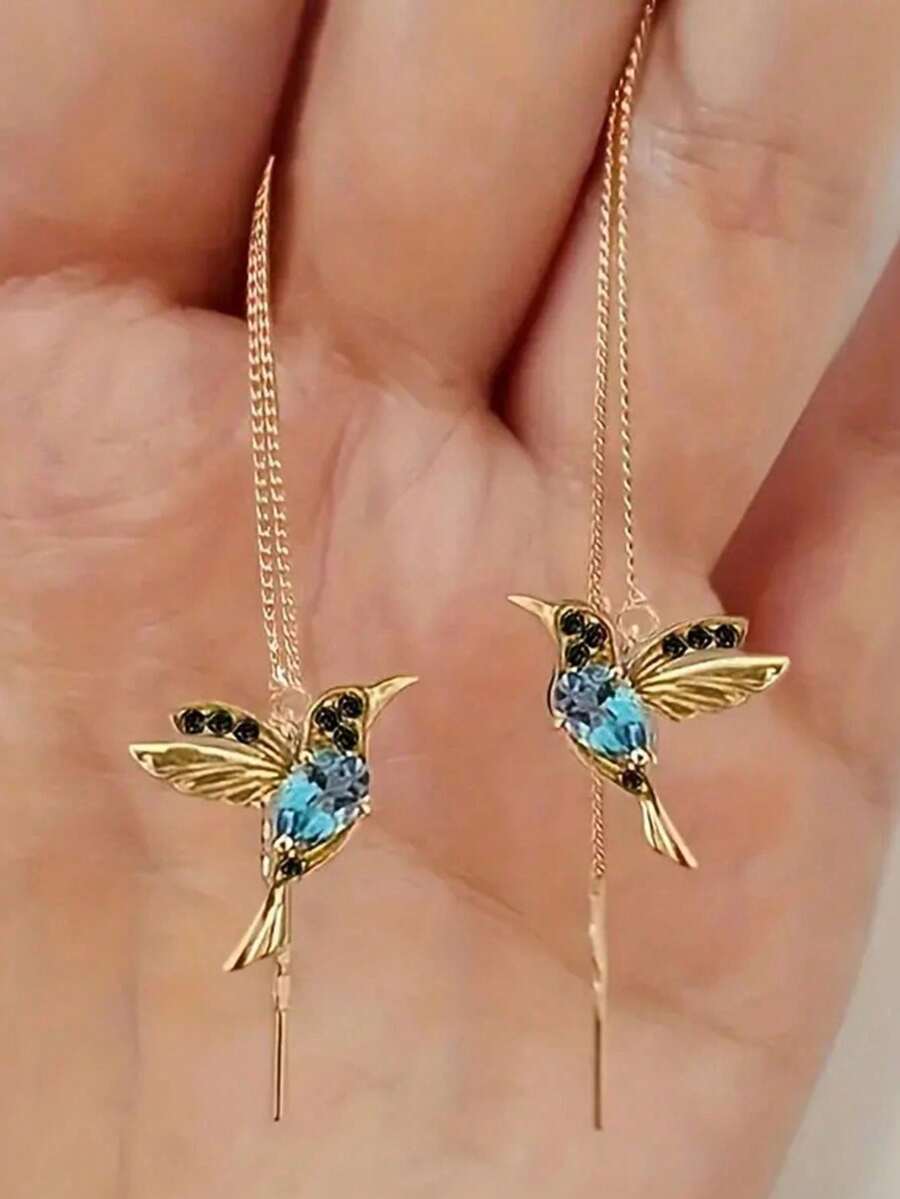 1 对精致蜂鸟设计闪亮合成宝石镶嵌吊坠耳环，优雅可爱风格精致女士礼物 - 蜂鳥耳環 - 查看 1