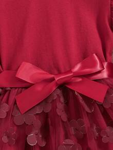 Kid Girl Fall Dress 3D Flower Round Neck Ruffle Long Sleeve Patchwork Tulle Dress With Belt - 紅色 - 查看 5