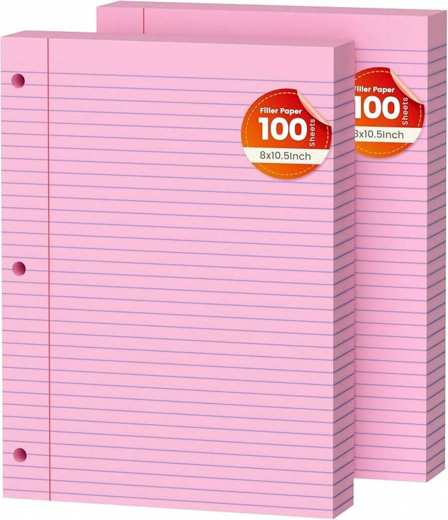 White Loose Leaf Paper 130 Sheets Filler Paper 8 * 10.5 College Ruled 3-Hole Punched 3-Ring Binders Notebook Lined 8 X 10.5 - Gói 2 màu hồng - Xem 1