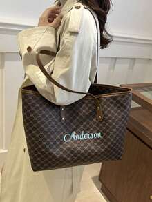 2 件女士个性化刺绣菱形格子单肩包和手拿包套装，时尚百搭大容量手提包，适合上班通勤，便携式购物收纳包，可定制为婚礼、母亲节、情人节、圣诞节、生日礼物 - 彩色 - 查看 3