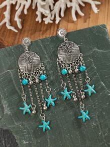1 par de pendientes de gota con borla con diseño de estrella de mar estilo retro, joyería de playa para mujeres