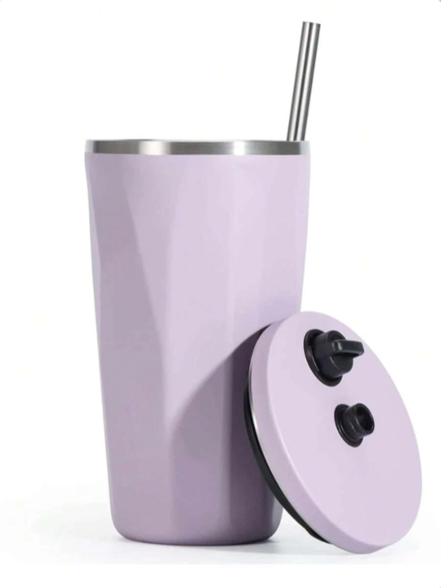 1 件 20 盎司不锈钢金属杯，带盖和吸管，可重复使用真空隔热旅行杯，隔热冷饮防漏杯，户外车载咖啡杯 - 淡紫色 - 查看 1