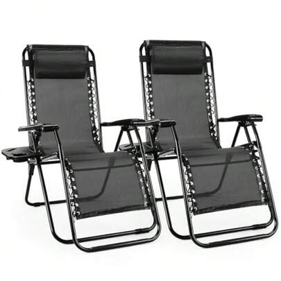 Zero Gravity Chairs Set Of 2 Portable Recliner Beach Camping Patio Outdoor Folding Lounge Chair With Cup Holder Trays And Adjustable Pillow For Poolside Garden Backyard Lawn Black