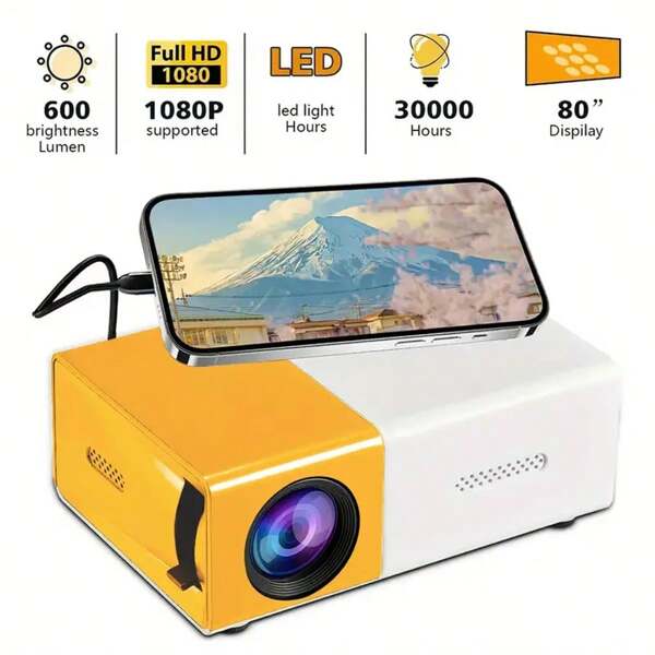 1080P Full HD Professional Portable Projector, Supports USB Connection, Mirror Cast, Home Cinema & Outdoor Camping Movie Projector With Remote Control, Compatible With Smartphones/Tablets/Laptops, Built-In Speaker