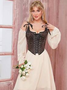 Womens Vintage 1920s Renaissance Lace Trim Corset Bustier, Retro Fashion - Dark Brown - 查看 5