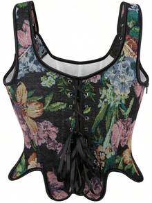 Womens Vintage 1920s Renaissance Lace Trim Corset Bustier, Retro Fashion - 黑色紫色 - 查看 2