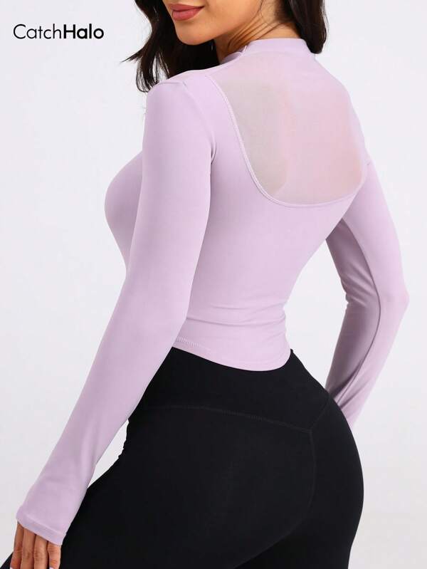 Catch Halo Women's Long Sleeve Workout Top - Back Mesh & Cut Out & High Neck & Thumb Hole & Gathered Waist & Build In Bra Sports Top | Slim Fit 4-Way Stretch Yoga Tee | Breathable Comfortable Atheleisure Workout Tee For Yoga Pilate Gym Cycling Running (Orchid Haze, S~XL)
