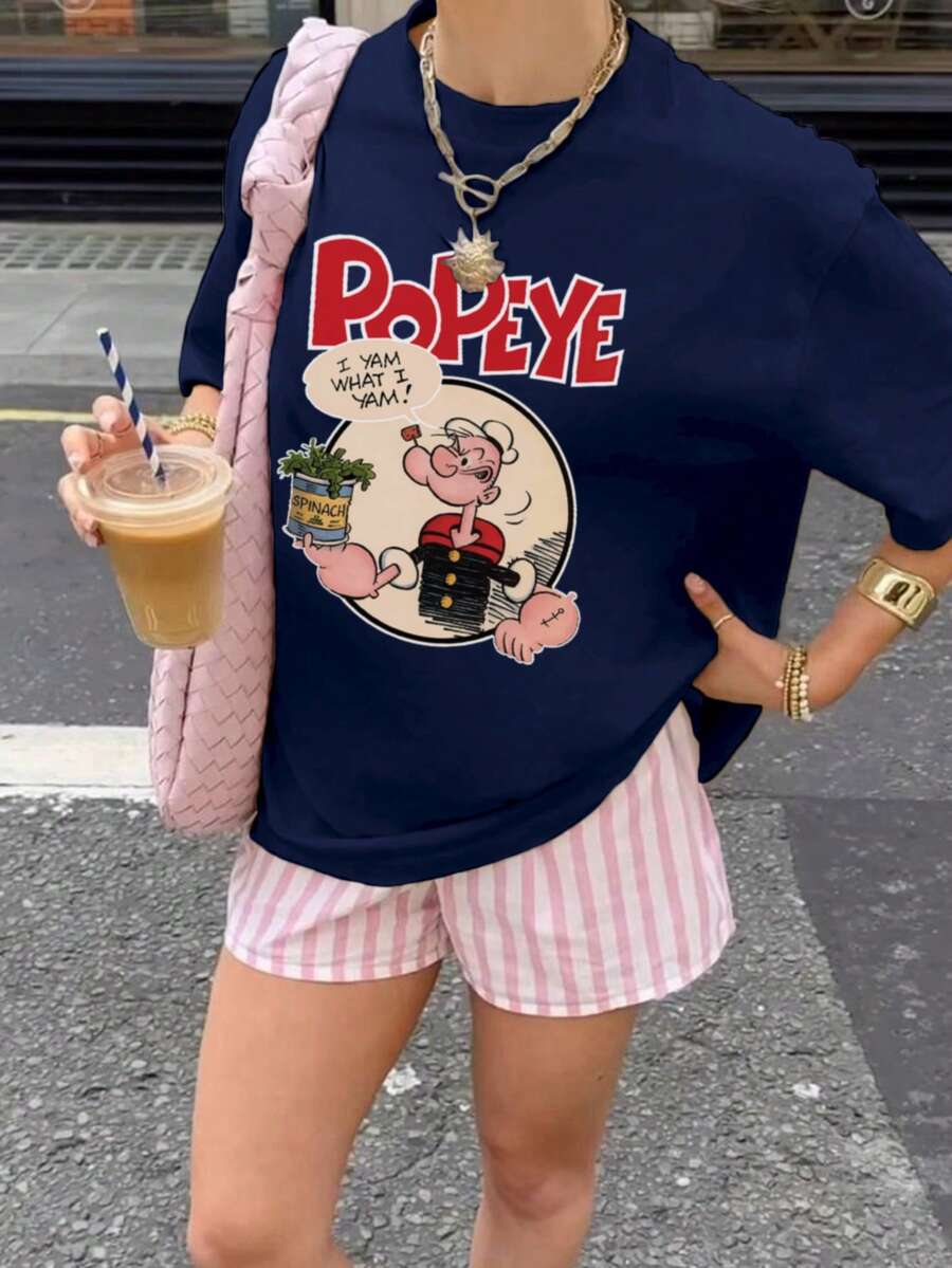 Áo thun cổ tròn tay ngắn họa tiết hoạt hình Popeye & chữ nhiều màu sắc mới dành cho nữ, thời trang và đa năng cho trang phục thường ngày mùa xuân/hè - Màu xanh hải quân - Xem 1