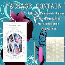 Uñas postizas cuadradas medianas con diseños de Glow Haven, uñas falsas acrílicas de longitud media con forma cuadrada, uñas en forma de ataúd cortas artificiales con encantos, adhesivo para uñas postizas para mujeres y niñas (CY1040) - Línea dorada y diamantes de imitación azules - Ver 6