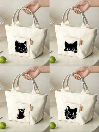 Isolerad lunchväska med dragkedja och katttryck, kanvasväska, bärbar rese- och picknickförvaringsväska, mångsidig, lätt att organisera, fyrkantig, maskintvättbar - perfekt för skola, arbete, camping och strandutflykter, skolväska för skolmat, lunchväska för kvinnor, kylväska, picknicktillbehör, skoltillbehör