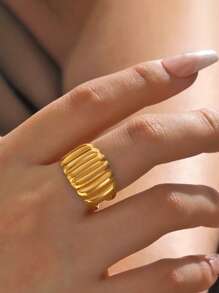 1 peça de anel de aço inoxidável banhado a ouro estilo palácio, luxuoso, listra vertical, dourado, titânio, design minimalista exclusivo para dedo, versátil
