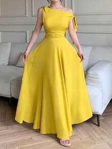 abyoxi 黄色性感不对称领口斜肩系带收腰简约A字连衣裙休闲通勤度假沙滩装，返校装，春夏新款女装 - 芥末黃 - 查看 2