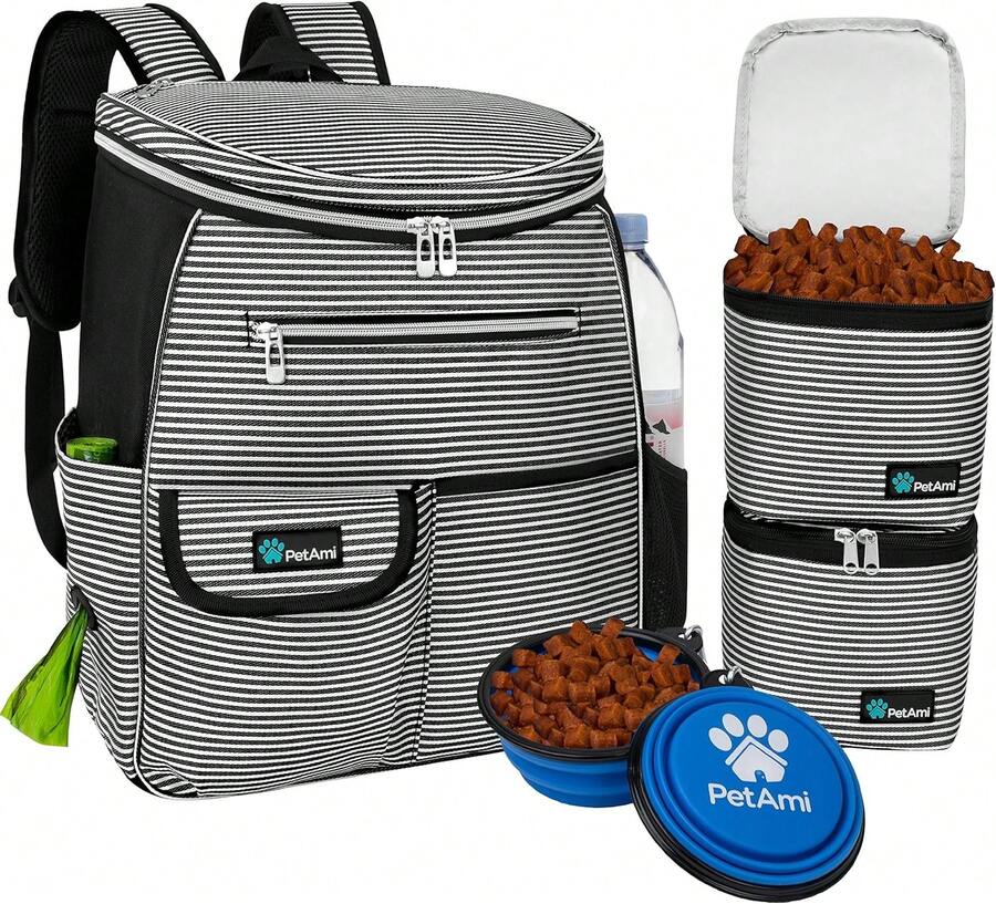 Dog Travel Bag Backpack, Airline Approved Dog Bags For Traveling, Puppy Diaper Bag Supplies, Pet Camping Essentials Hiking Accessories Dog Gift, Food Container, Collapsible Bowls, Stripe Black - 黑色 - 查看 1