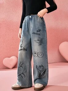 ASK JUNIOR 女童花卉印花阔腿牛仔裤 - 藍色 - 查看 8