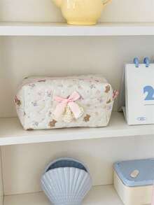 1 Pieza Bolsa de maquillaje con patrón de osito de dibujos animados, bolsa de almacenamiento de maquillaje acolchada con corazón lindo para niña, bolsa grande y portátil para lápices de estudiante, esencial de viaje para vacaciones, verano, vuelta al colegio, bolsa para la escuela, bolsa de viaje para mujeres, bolsa de maquillaje para viajes - Multicolor - Ver 4