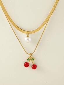 1 件不锈钢双层蛇骨项链，带树脂仿珍珠和水果吊饰（草莓、西瓜、樱桃），非常适合夏季郊游、海滩、情人节礼物和日常佩戴，适合所有场合