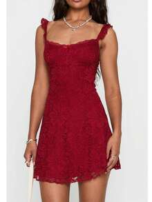 Women's Summer Mini Dresses Sleeveless .Y Square Neck Backless Lace Splicing Cocktail Party Straps Bodycon Dress - 酒紅色 - 查看 2
